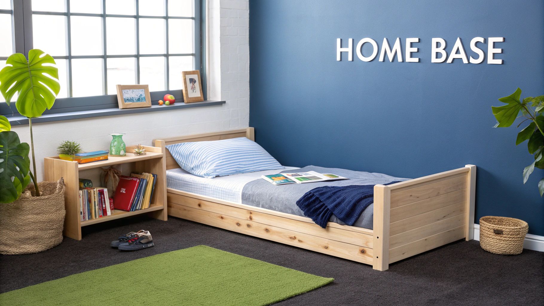 A cozy kids' room featuring a light wood floor bed, a blue wall, and a green rug.