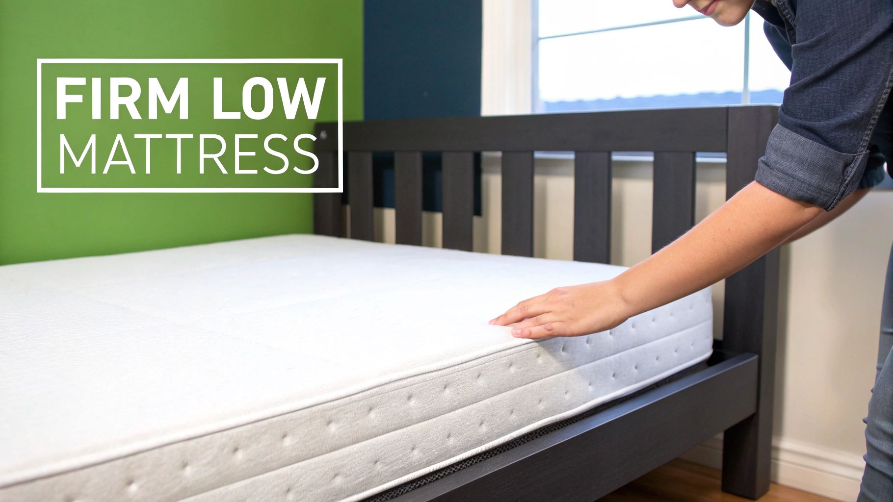 A person's hand presses on a firm, low-profile white mattress on a dark wooden bed frame.