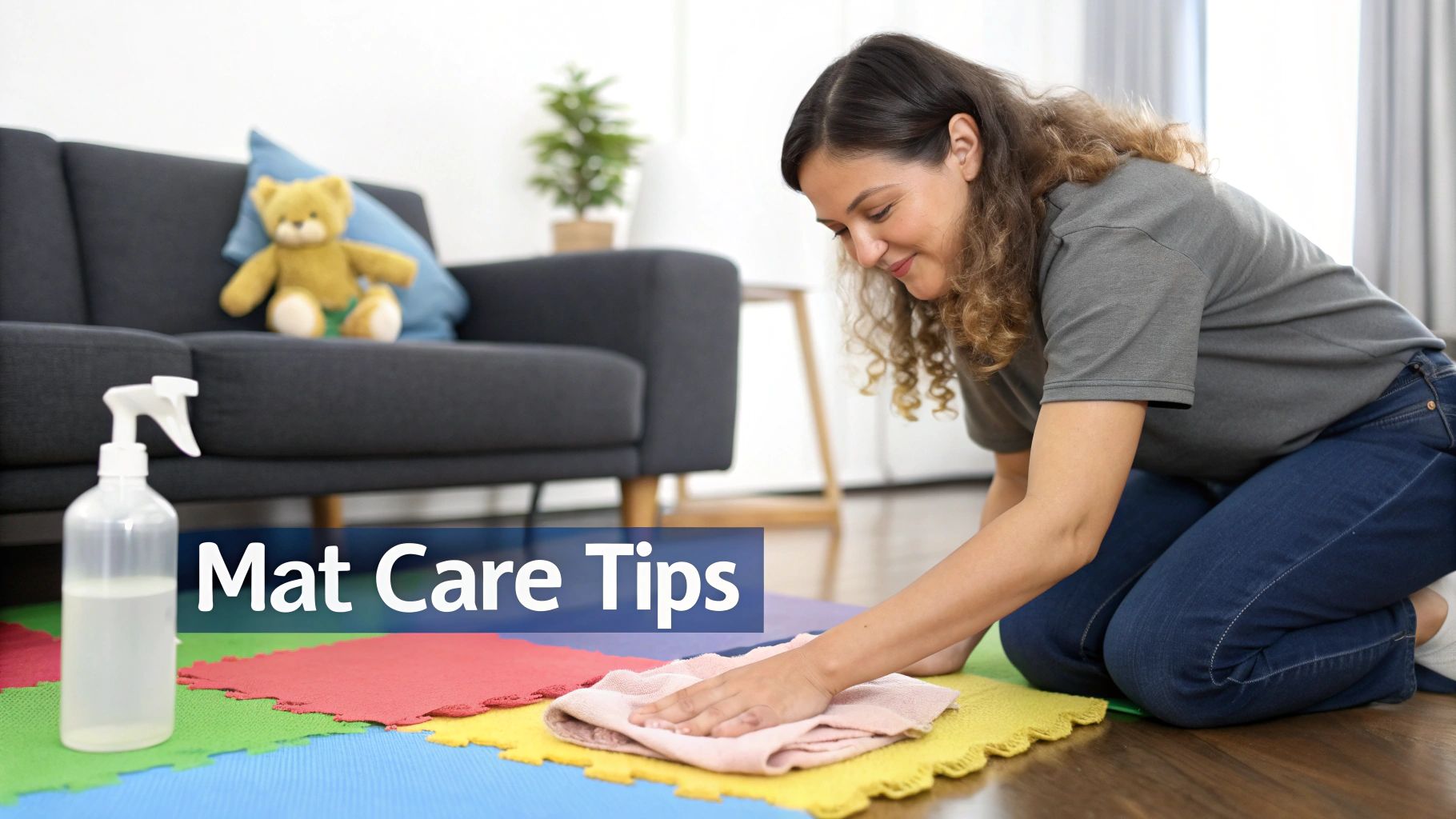 A woman cleaning colorful foam play mats on the floor with a spray bottle and cloth.