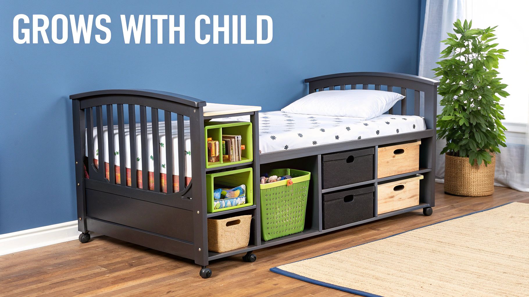 Modern dark gray convertible crib and toddler bed with integrated storage, against a blue wall.