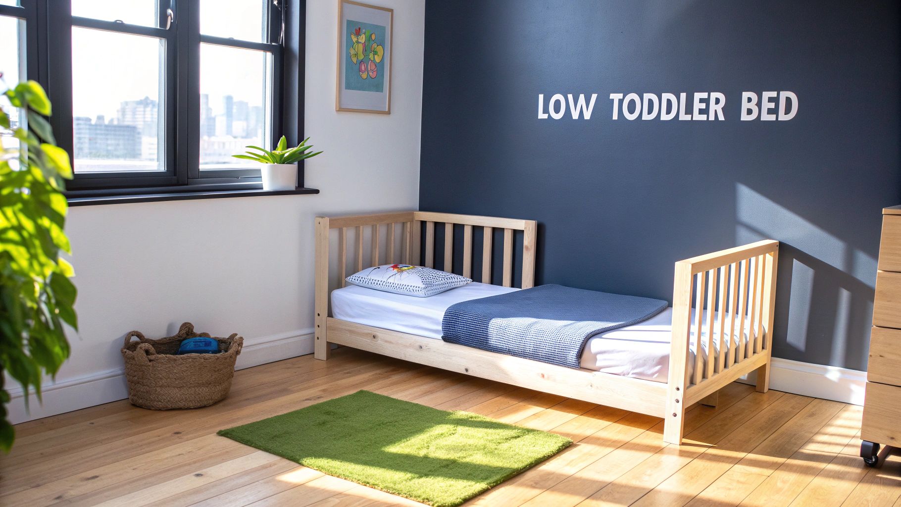 A young child enjoying their cozy low toddler bed in a well-lit room