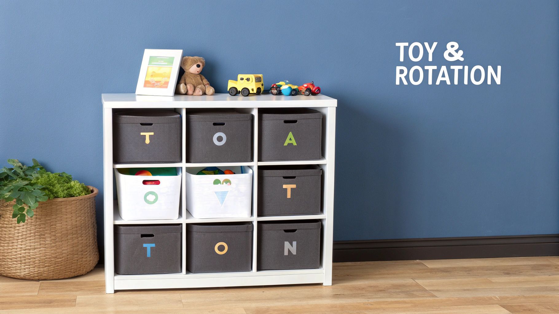 A child's hand reaching for a wooden toy on a neatly organized Montessori play shelf.