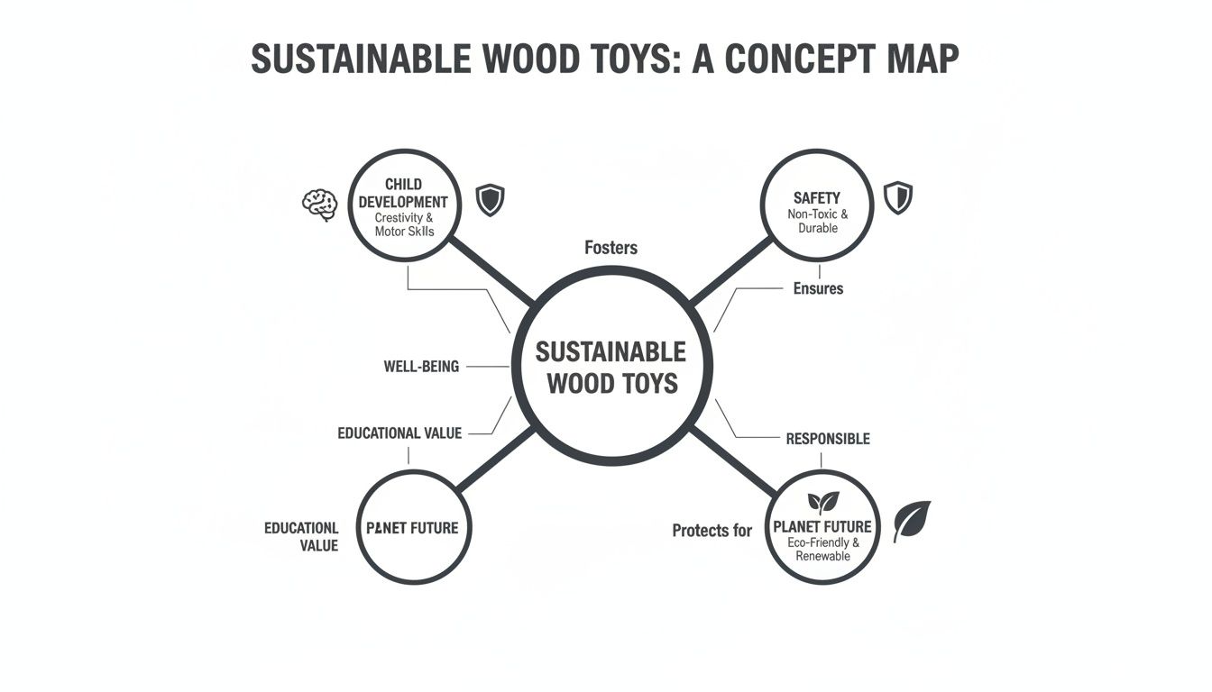Concept map illustrating the benefits of sustainable wood toys for child development, safety, and planet future.