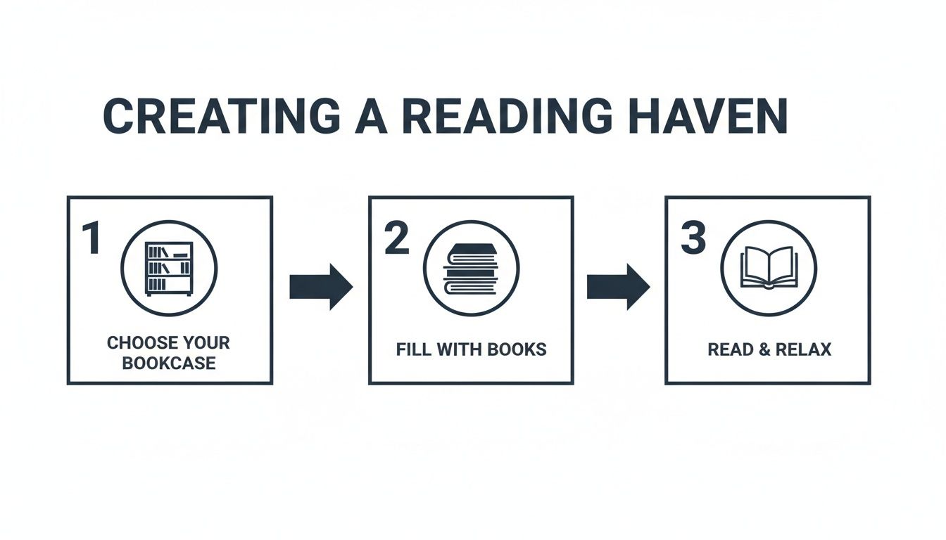 Infographic steps: Choose a bookcase, fill with books, then read and relax to create a reading haven.