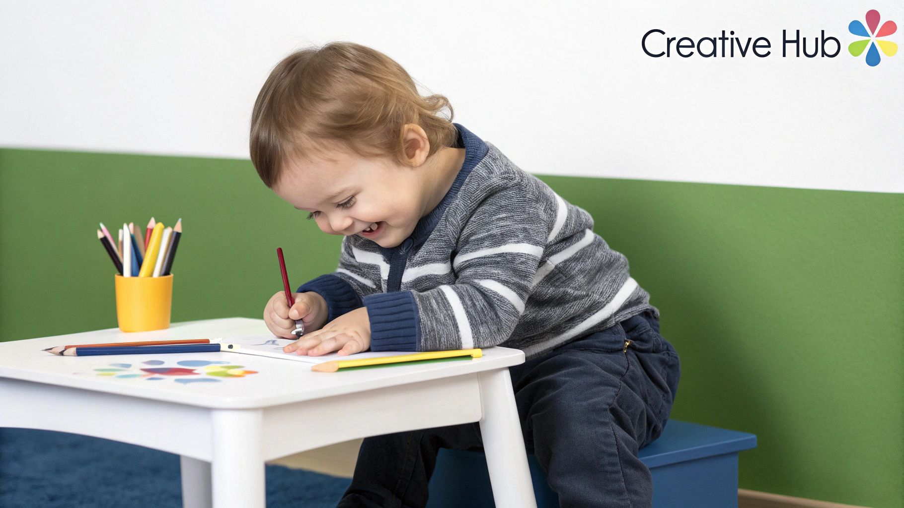 A smiling toddler sits at a wooden art desk, drawing with colorful crayons on a piece of paper.