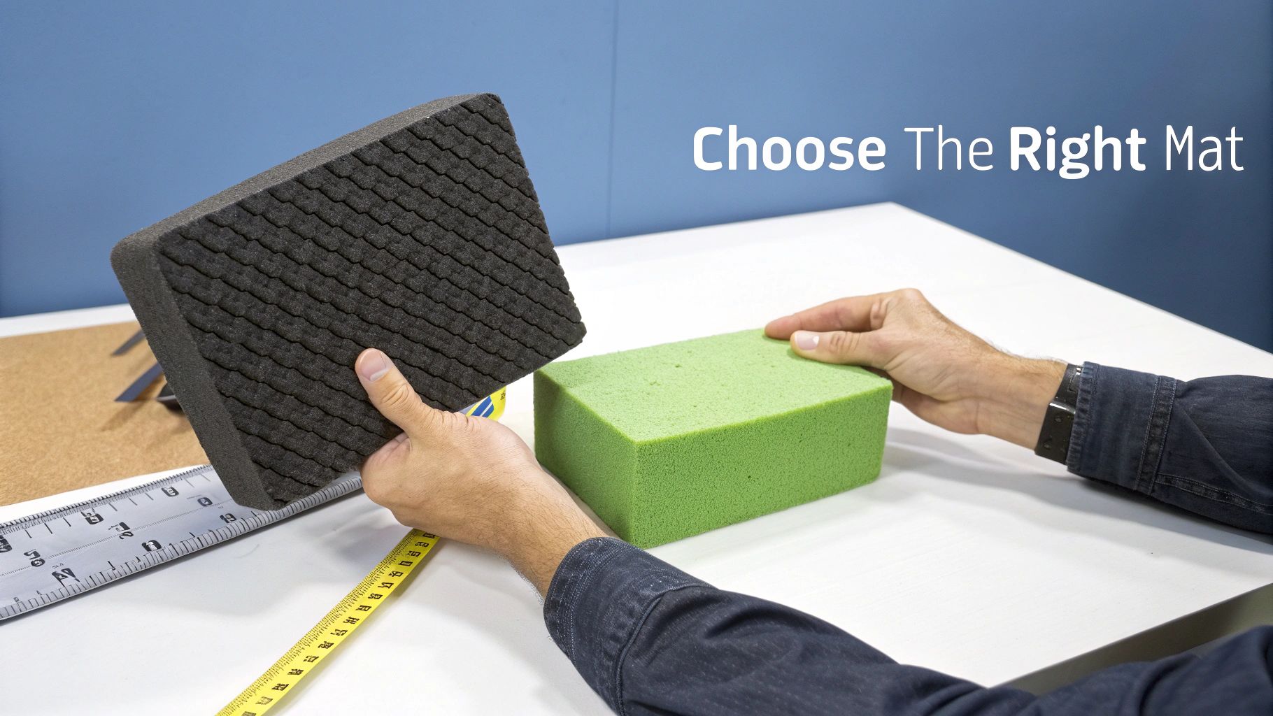 Hands comparing two different foam mats, a dark textured one and a smooth green one.