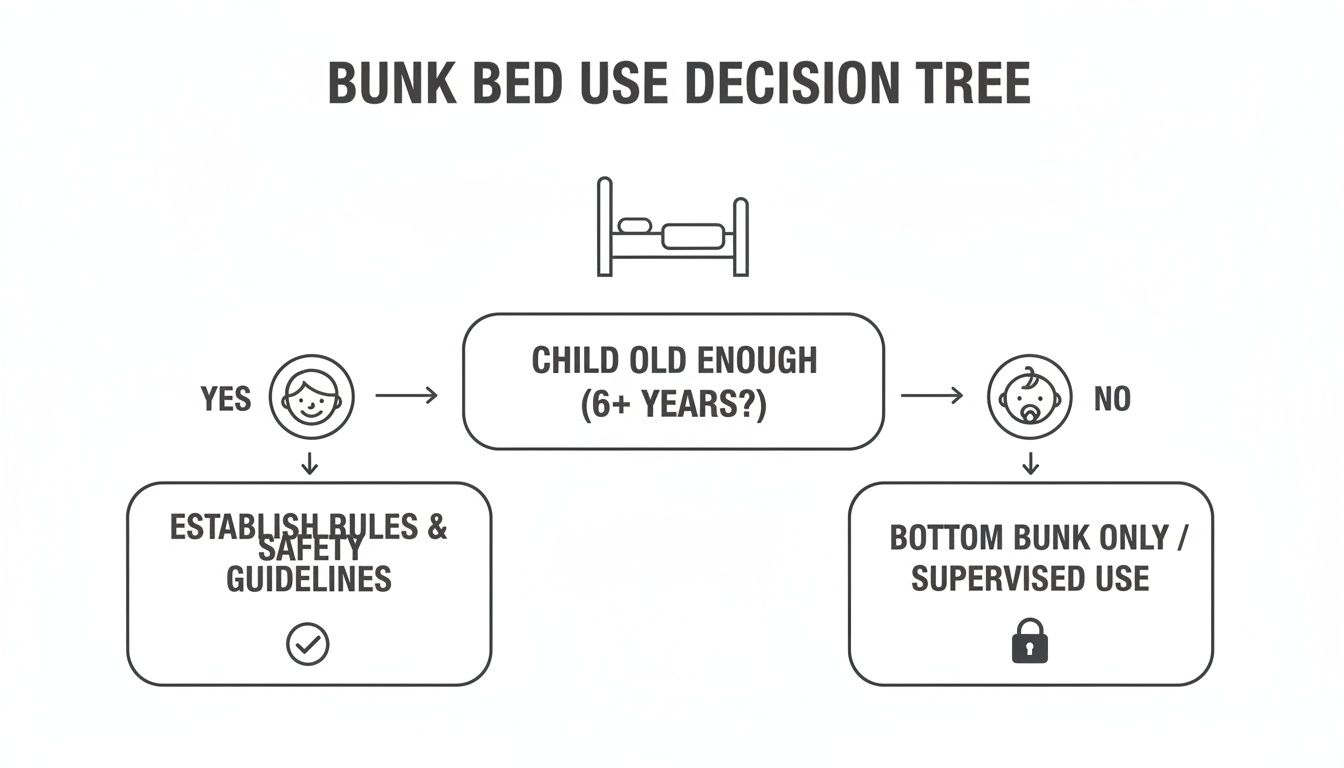 Decision tree illustrating bunk bed use guidelines, emphasizing child age and safety rules.