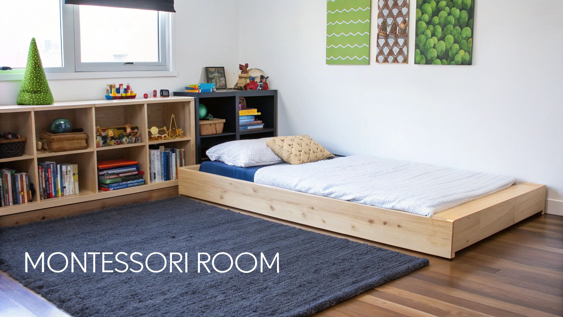 A bright Montessori child's room features a full floor bed, dark rug, and open shelves with books and toys.