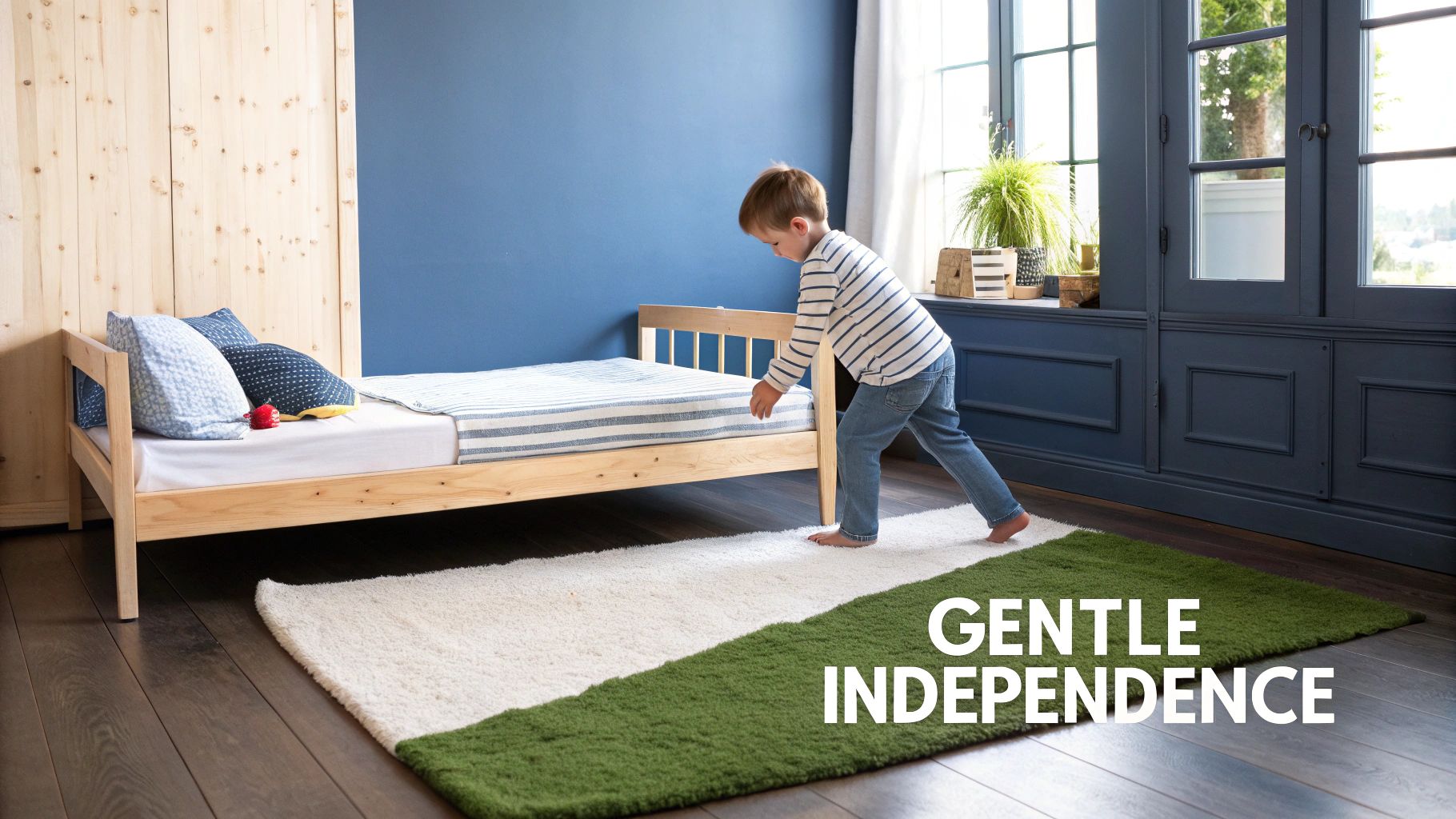 A toddler stands next to a natural wood low-to-the-ground bed in a child's bedroom.