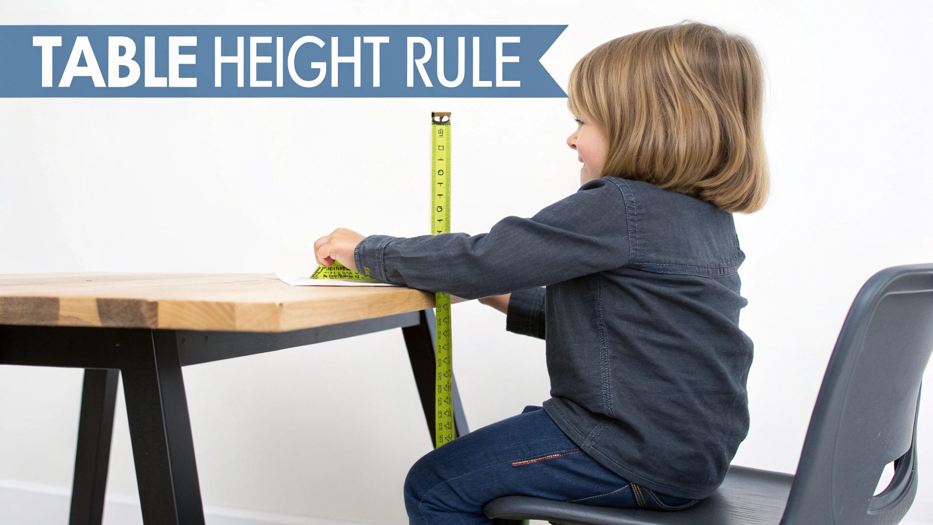 A child measures a table's height with a tape measure while sitting, with 'TABLE HEIGHT RULE' text.