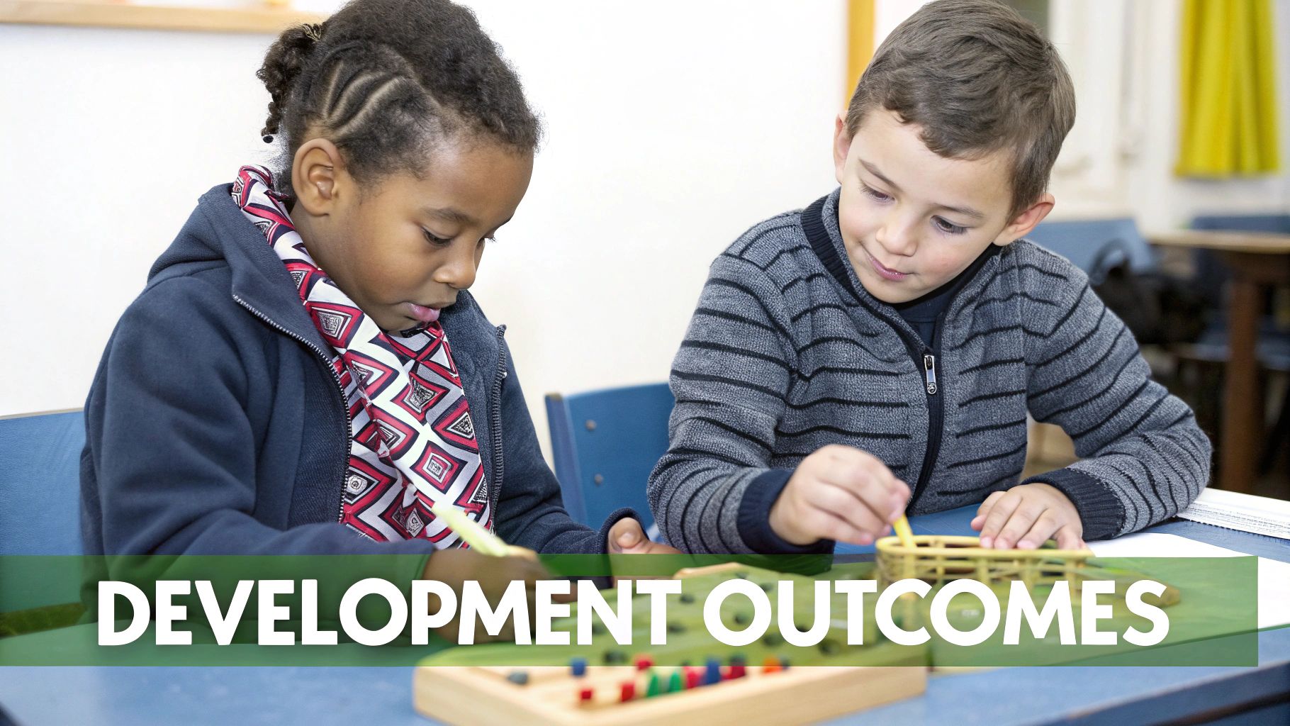 Diverse children focused on hands-on learning activities at a classroom table.