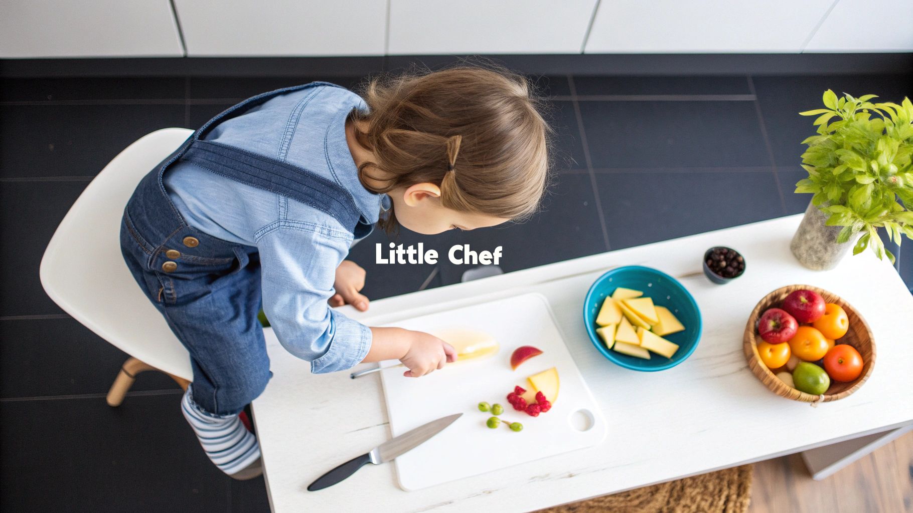 Young child practices cutting fruit and cheese on a cutting board as a little chef.