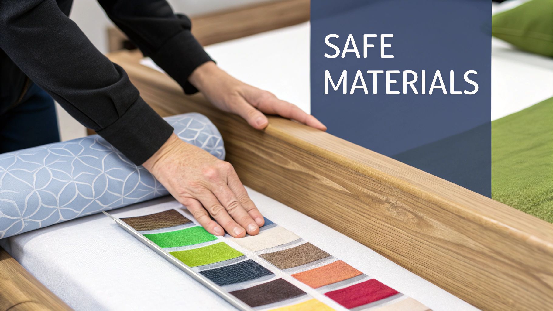 A beautiful Montessori bed frame made of light wood in a child's bedroom.