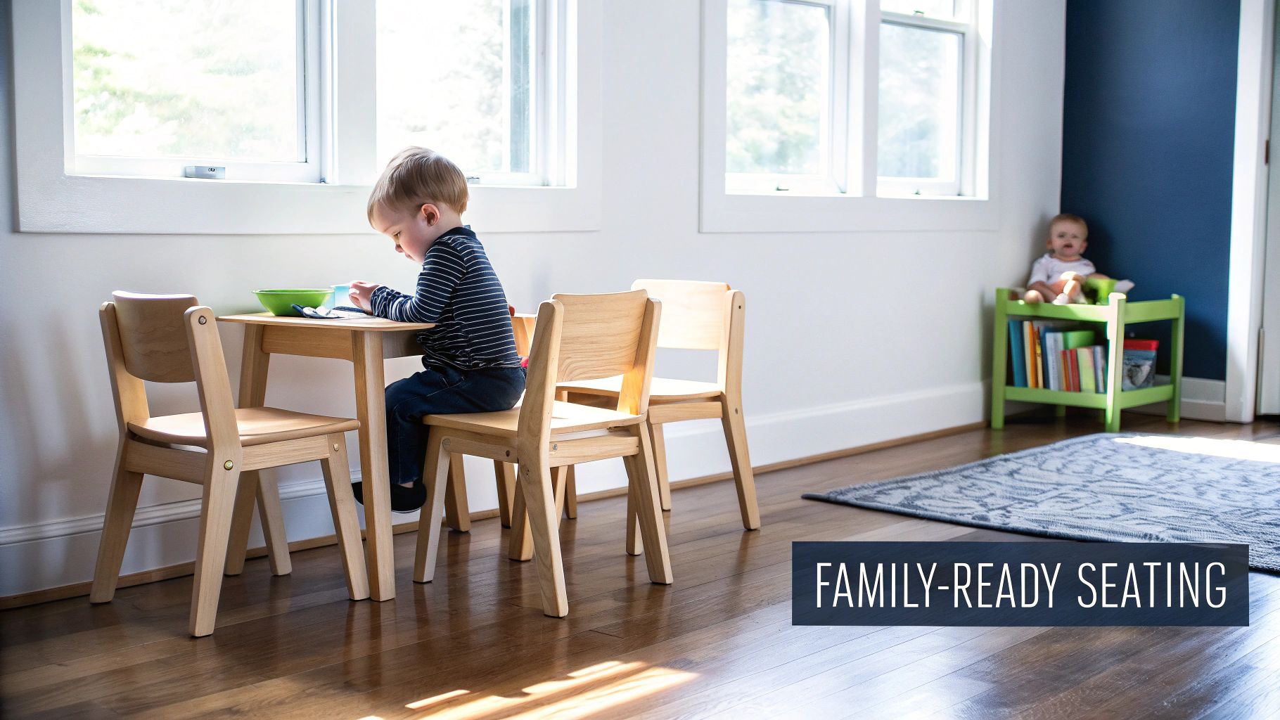 A young child sits at a small wooden table with chairs, another baby in a green bookshelf, bathed in sunlight.