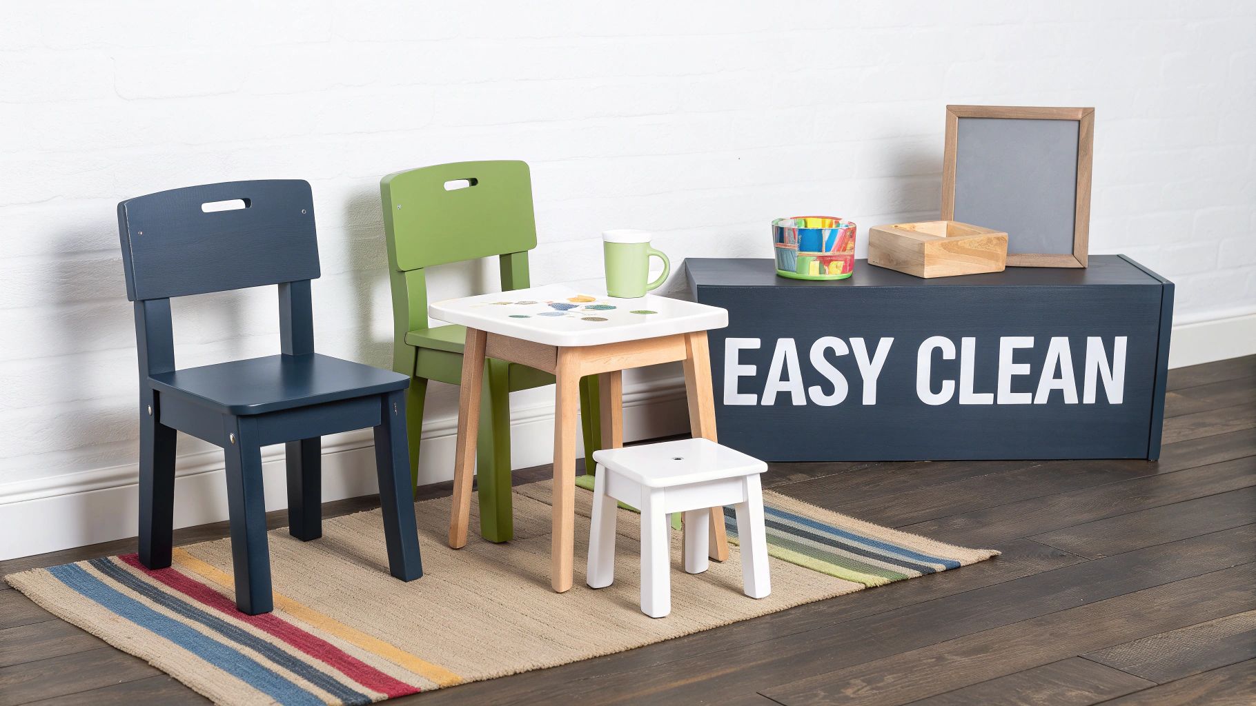 A child sits at a wooden table in a matching wooden chair, focused on drawing with colored pencils.