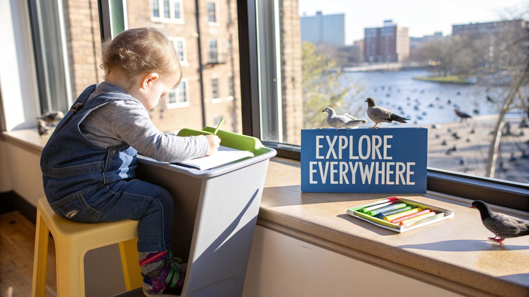 A young child in overalls sits at a window sill, drawing in a notebook with a green pen.