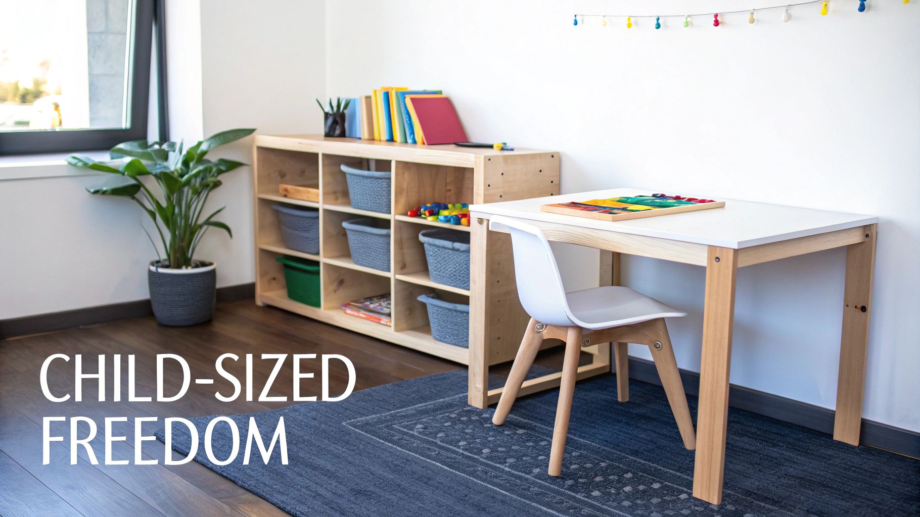 A bright child's play area with a wooden shelf, small table, chair, a plant, and colorful string lights.