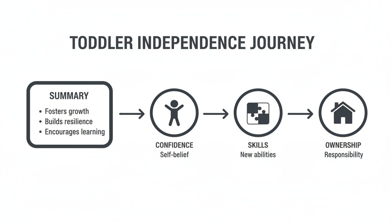 Flowchart illustrating the toddler independence journey, showing summary, confidence, skills, and ownership stages.