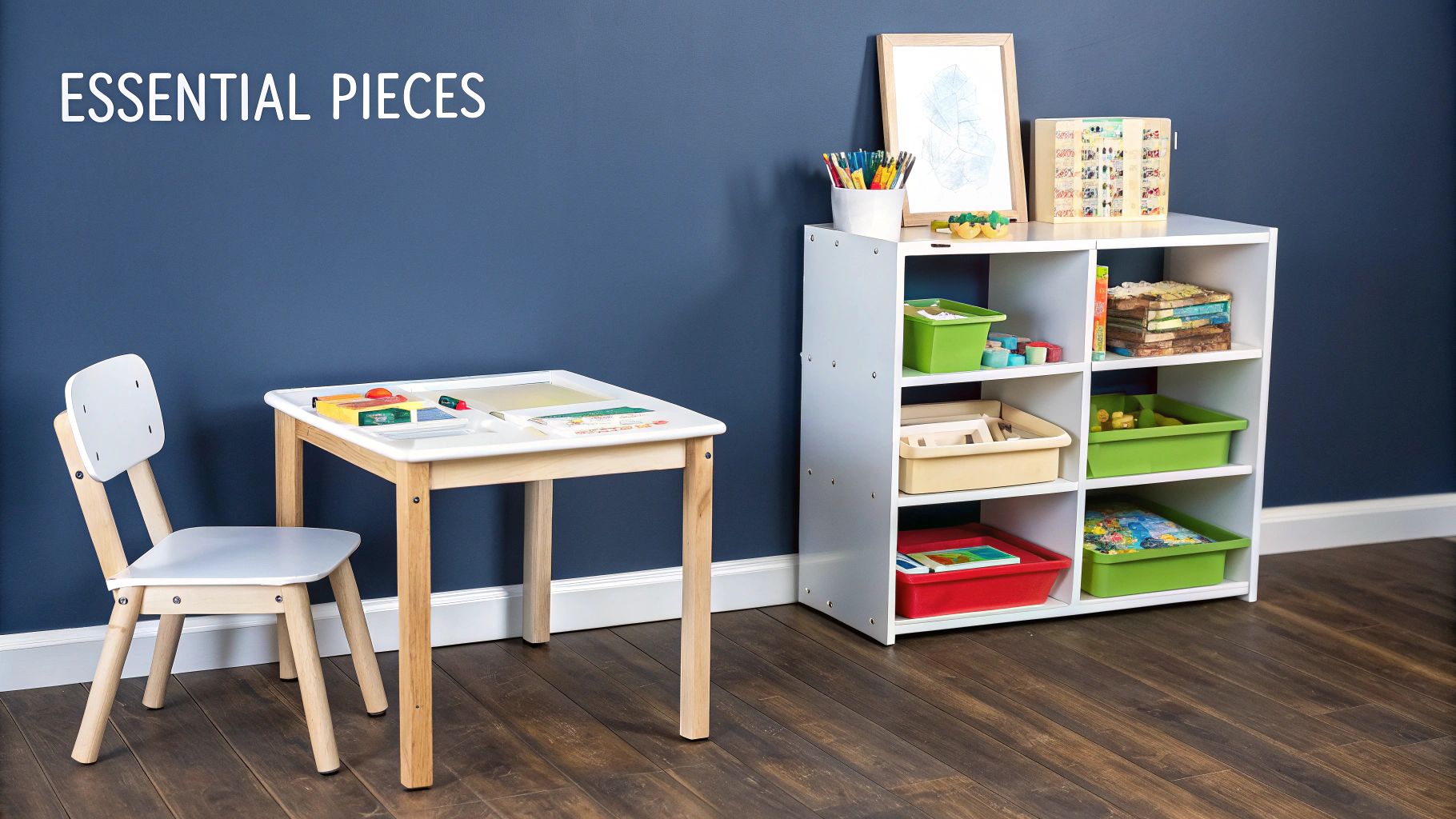 A bright children's play area with a white table, chair, and a multi-shelf toy storage unit.
