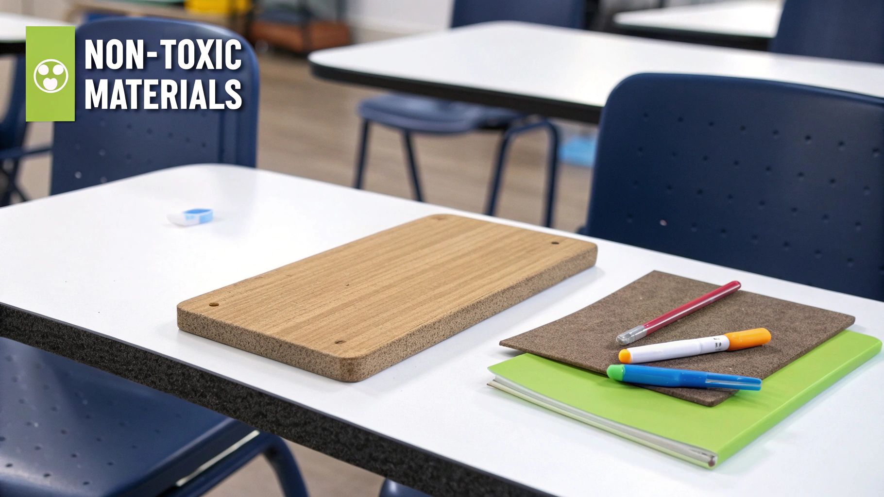 Classroom desk with non-toxic materials, a wooden board, green notebook, and colorful pens.