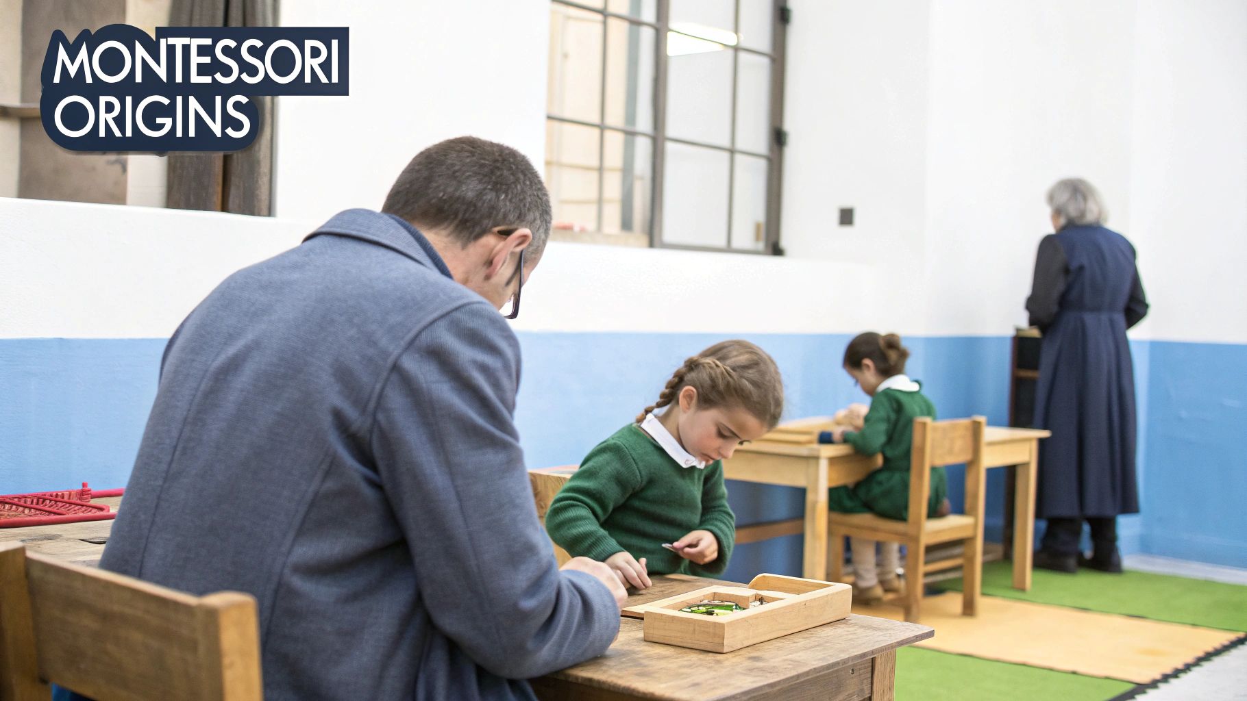 An adult and a child engaging in a hands-on learning activity in a Montessori classroom.