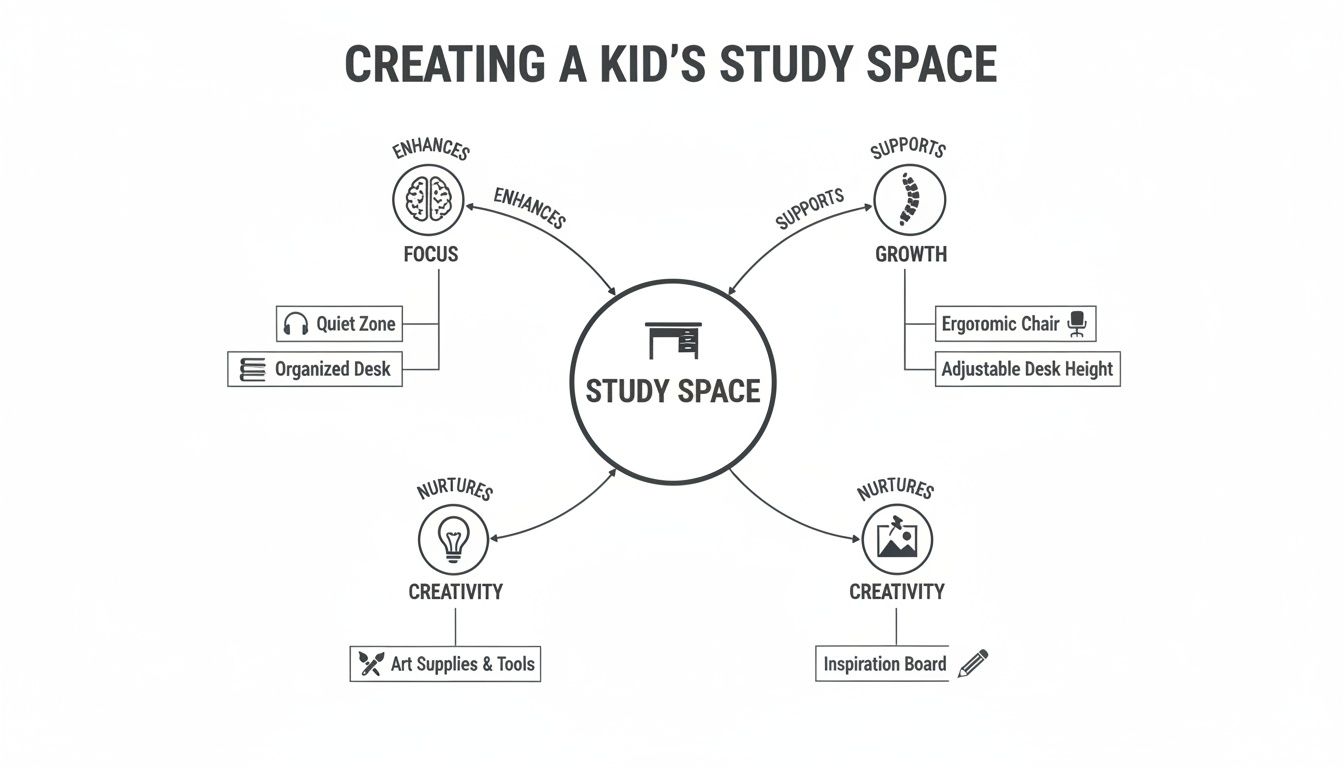 Mind map detailing elements for creating a kid's study space to enhance focus, growth, and creativity.