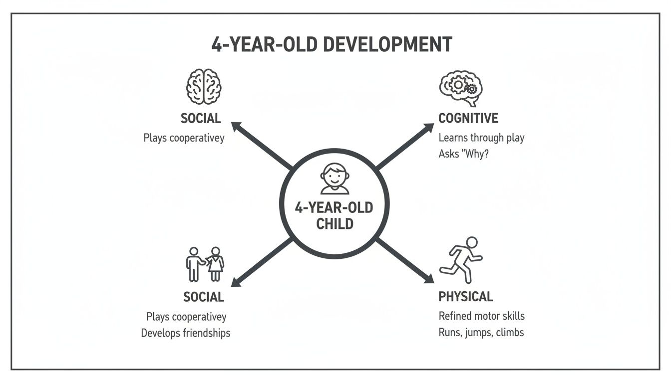 Infographic illustrating 4-year-old child development across social, cognitive, and physical domains.