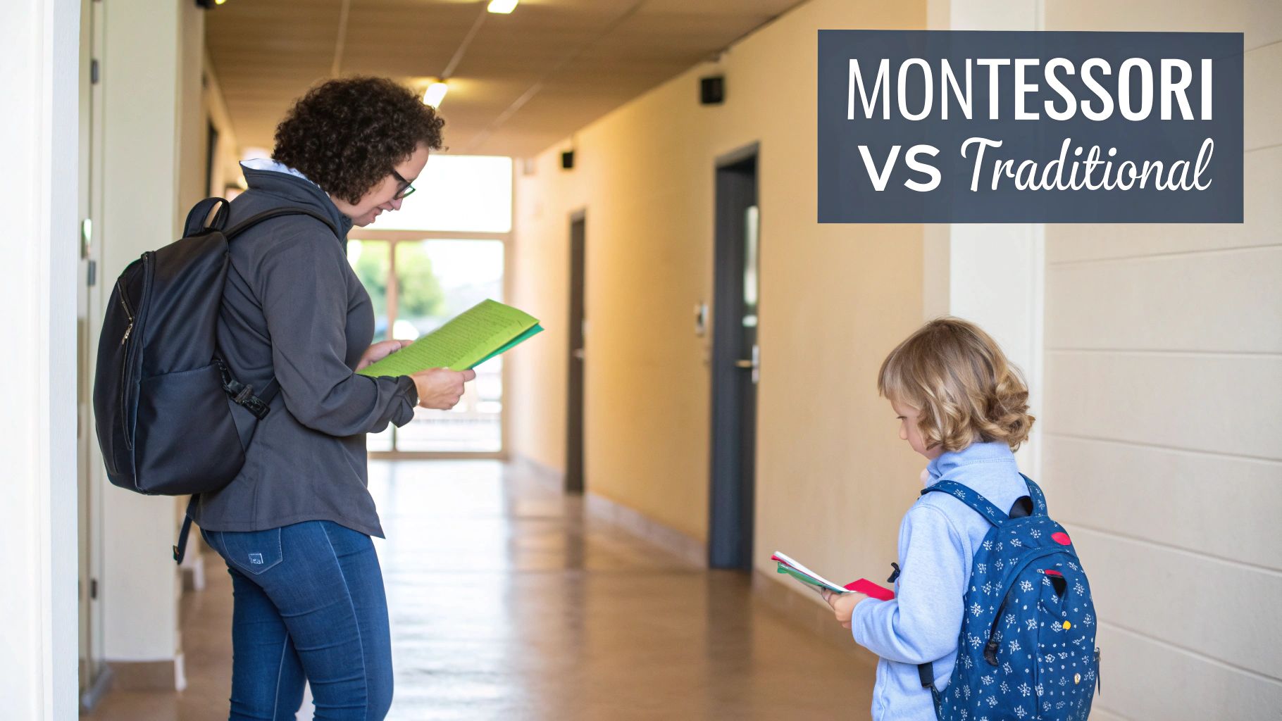 An adult and child with backpacks in a school hallway, holding papers, representing different education.