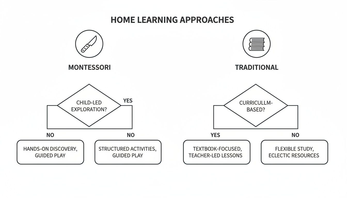 Flowchart comparing Montessori and Traditional home learning approaches with decision points and outcomes.