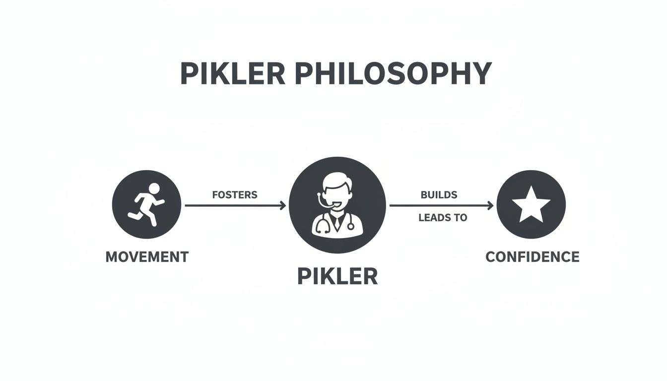 Diagram of Pikler philosophy, showing movement fosters Pikler, which builds and leads to confidence.