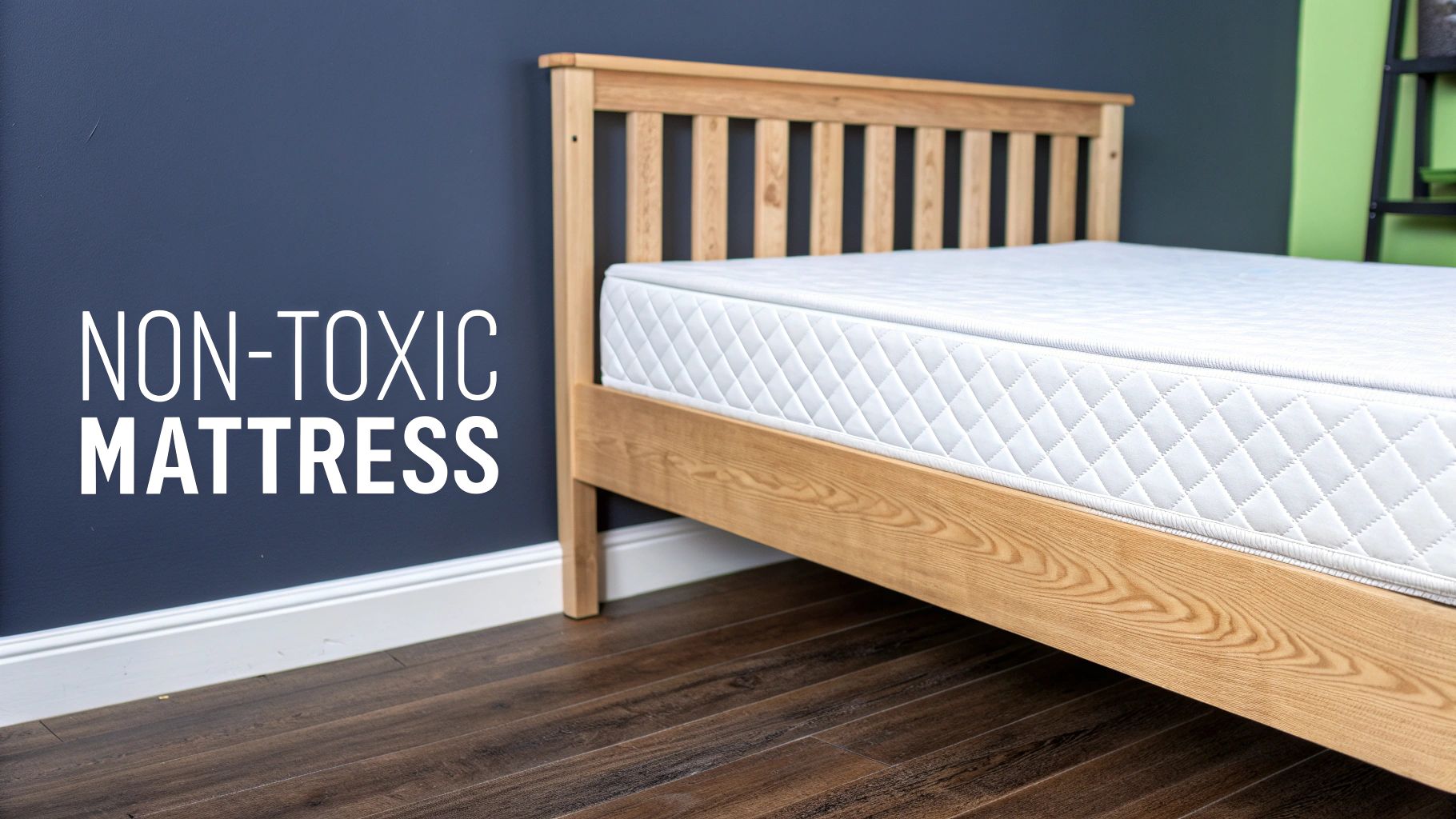 A non-toxic mattress on a natural wood bed frame in a room with a dark blue wall.
