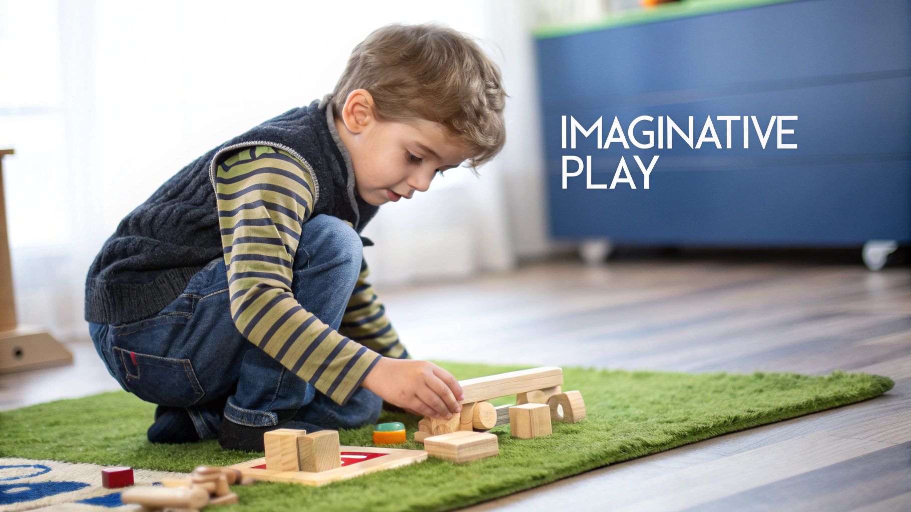 A young boy crouches on a green rug, playing with wooden blocks and toys.