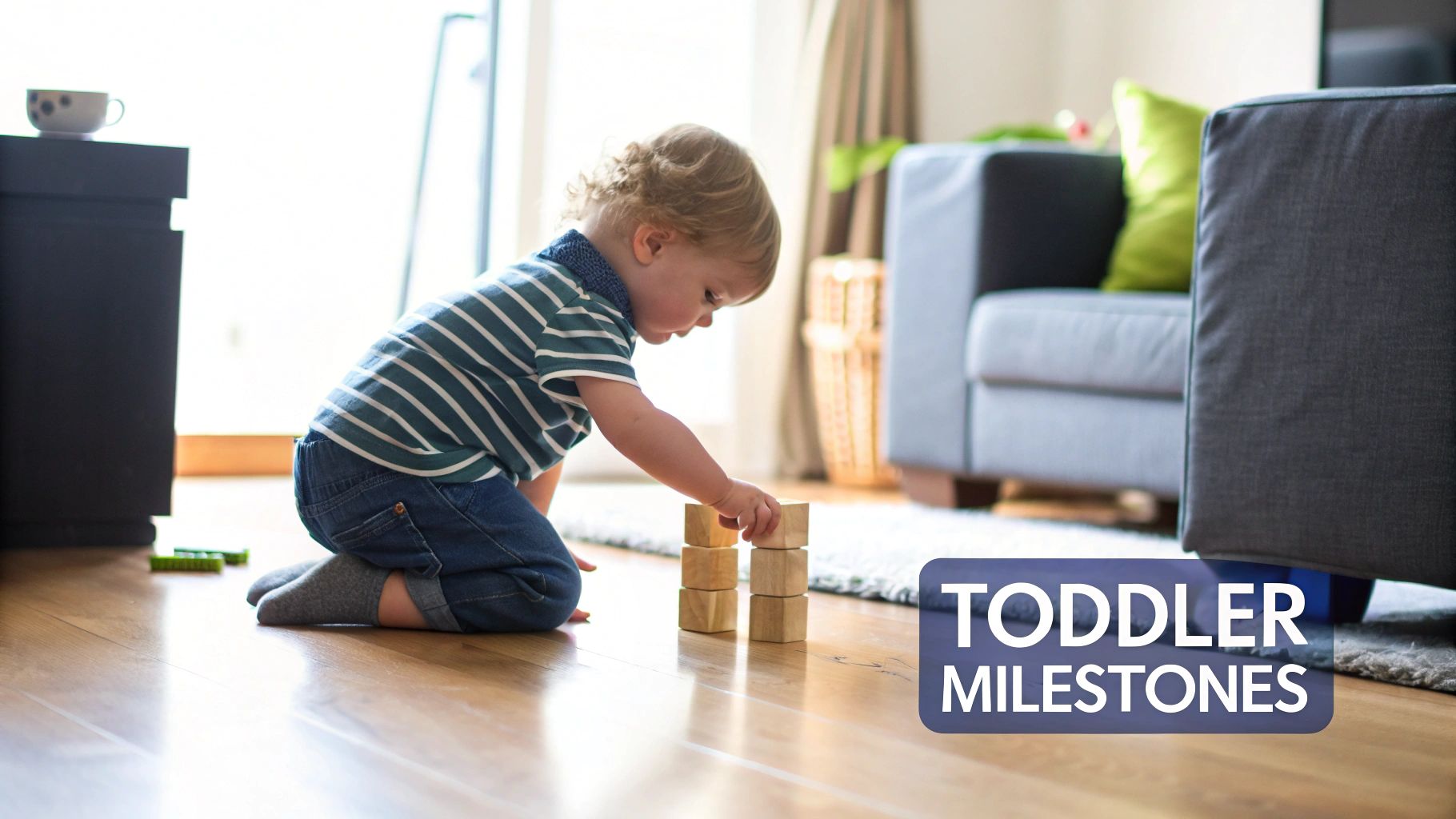 A toddler boy with blonde hair plays with wooden blocks on a wooden floor.