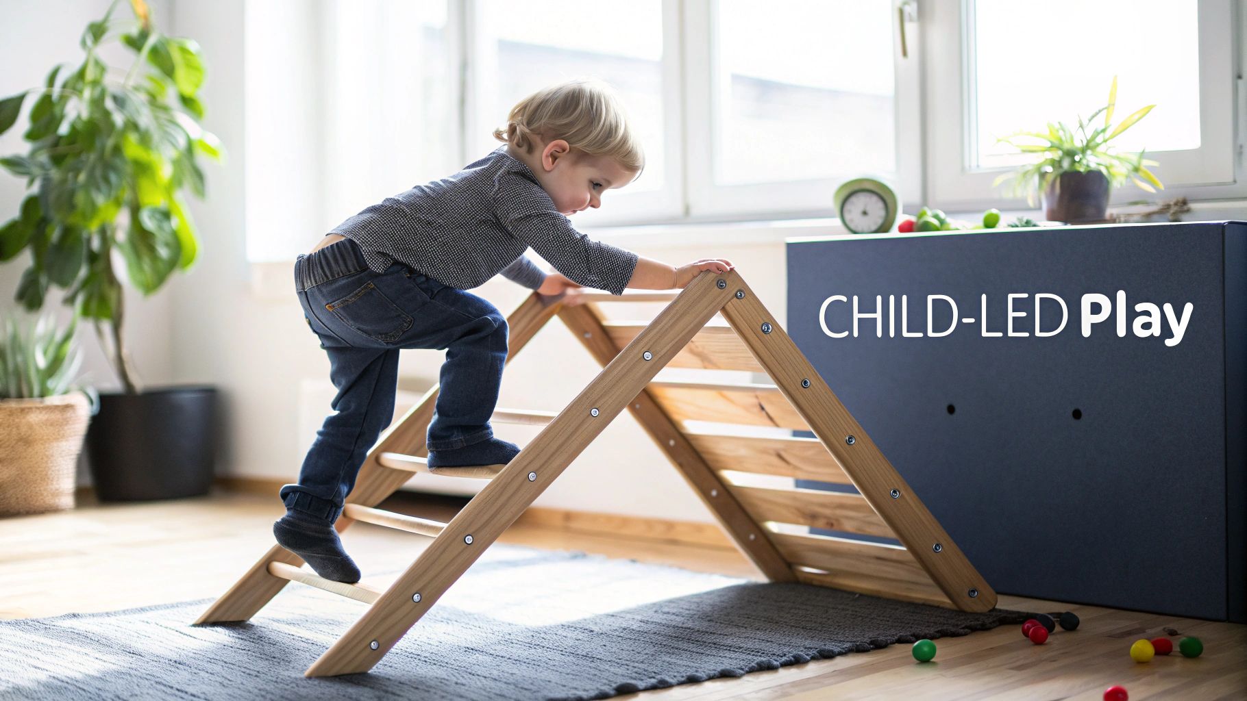 Young child actively climbing a wooden Pikler triangle indoors, embodying child-led play.