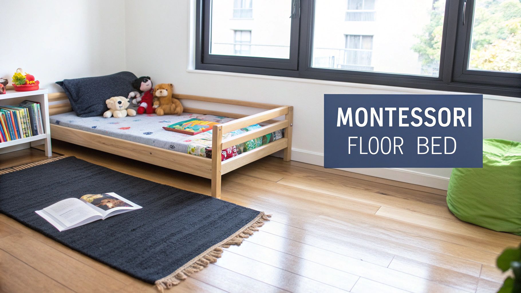 A cozy child's bedroom featuring a wooden Montessori floor bed, books, and plush toys.