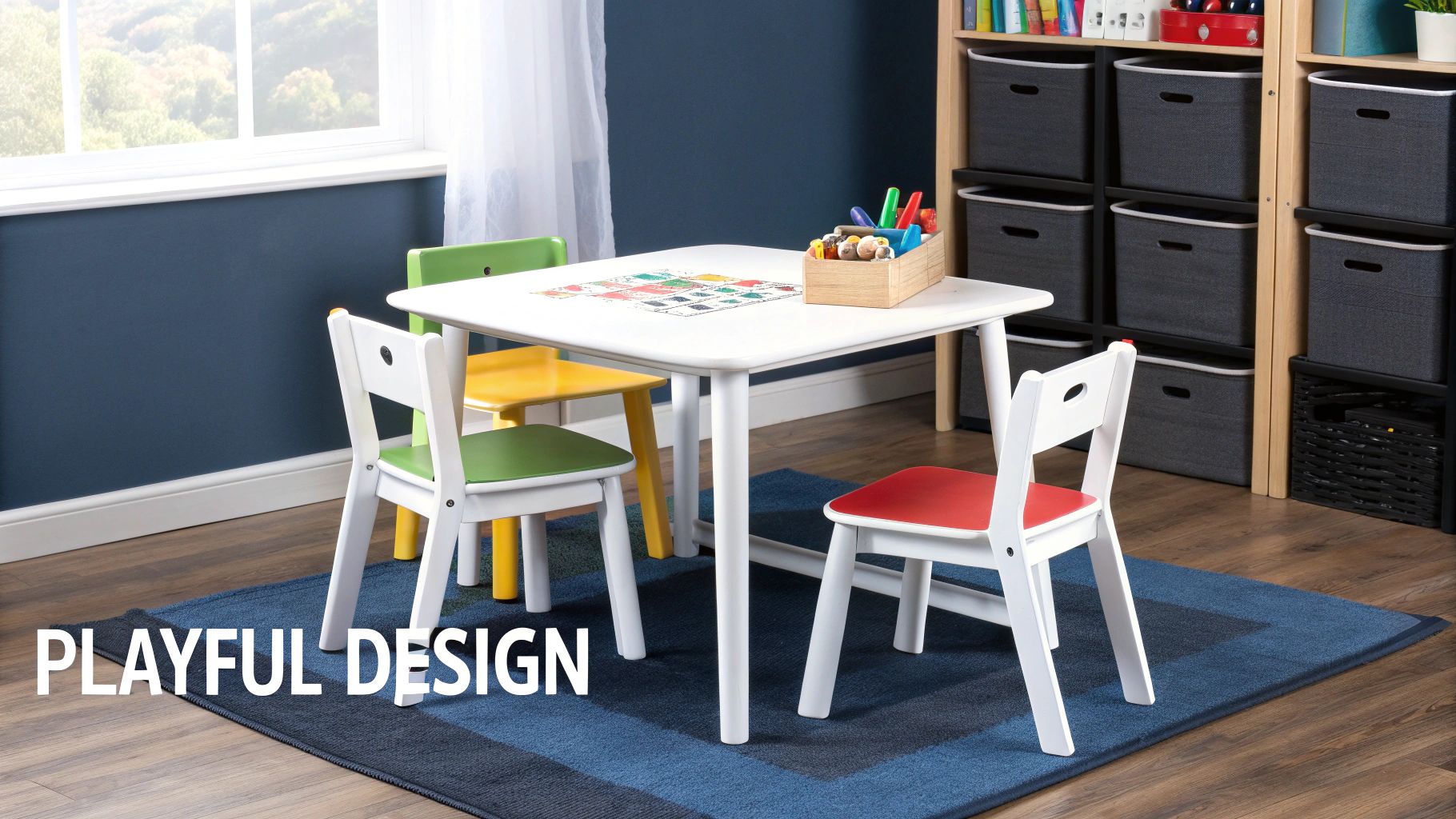 A child draws at a modern white child table and chair set, with built-in storage bins visible.