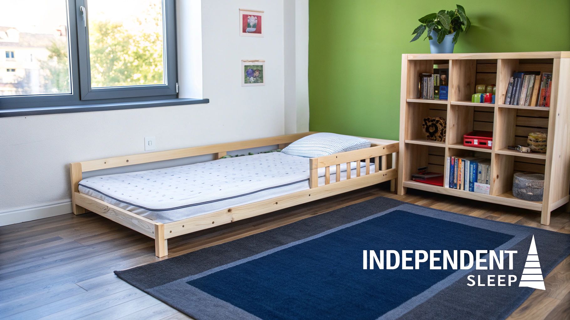 A cozy child's room with a wooden toddler bed, a blue and grey rug, and a full wooden bookshelf.