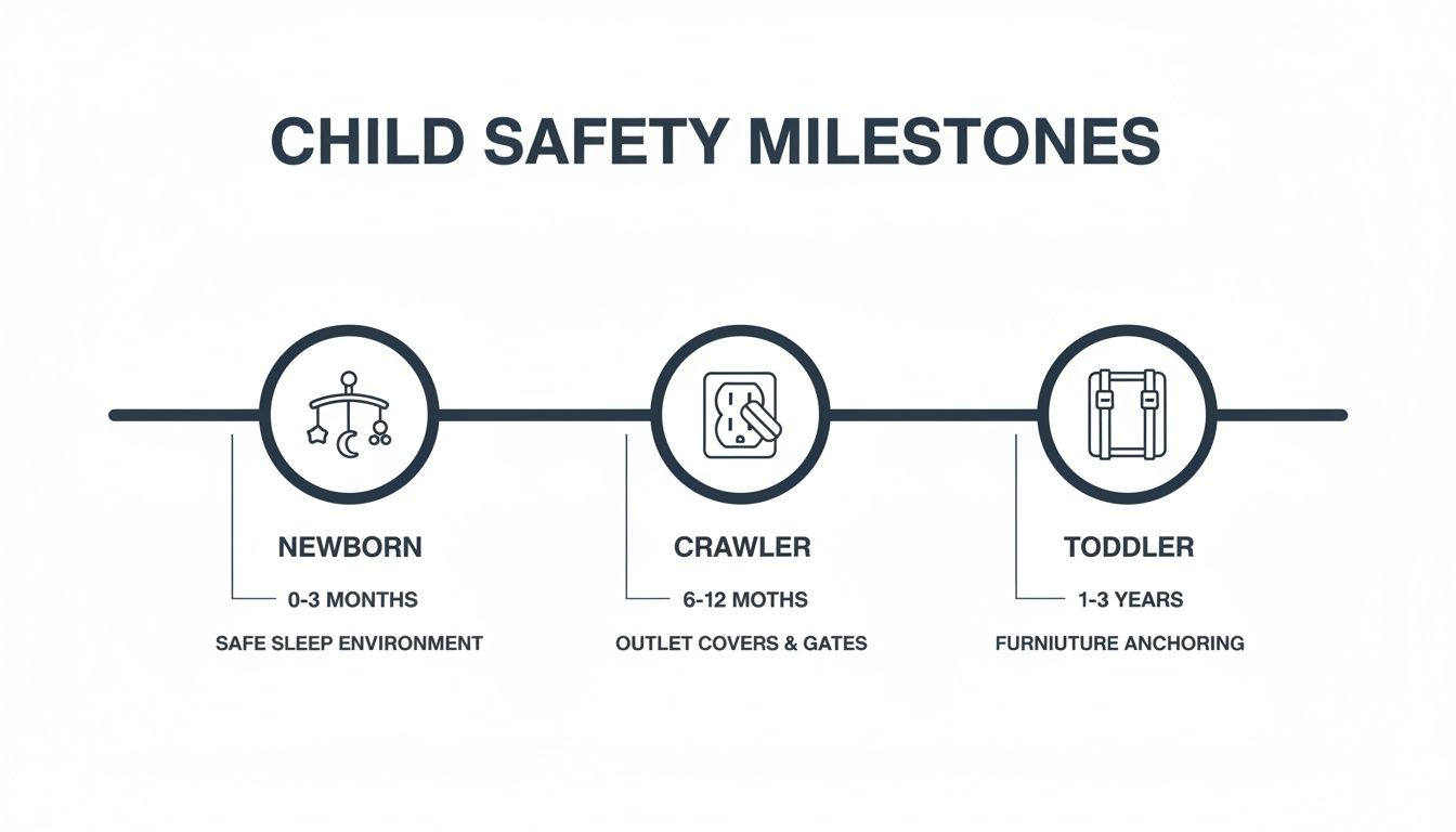 Child safety milestones timeline showing newborn, crawler, and toddler stages with corresponding safety measures.