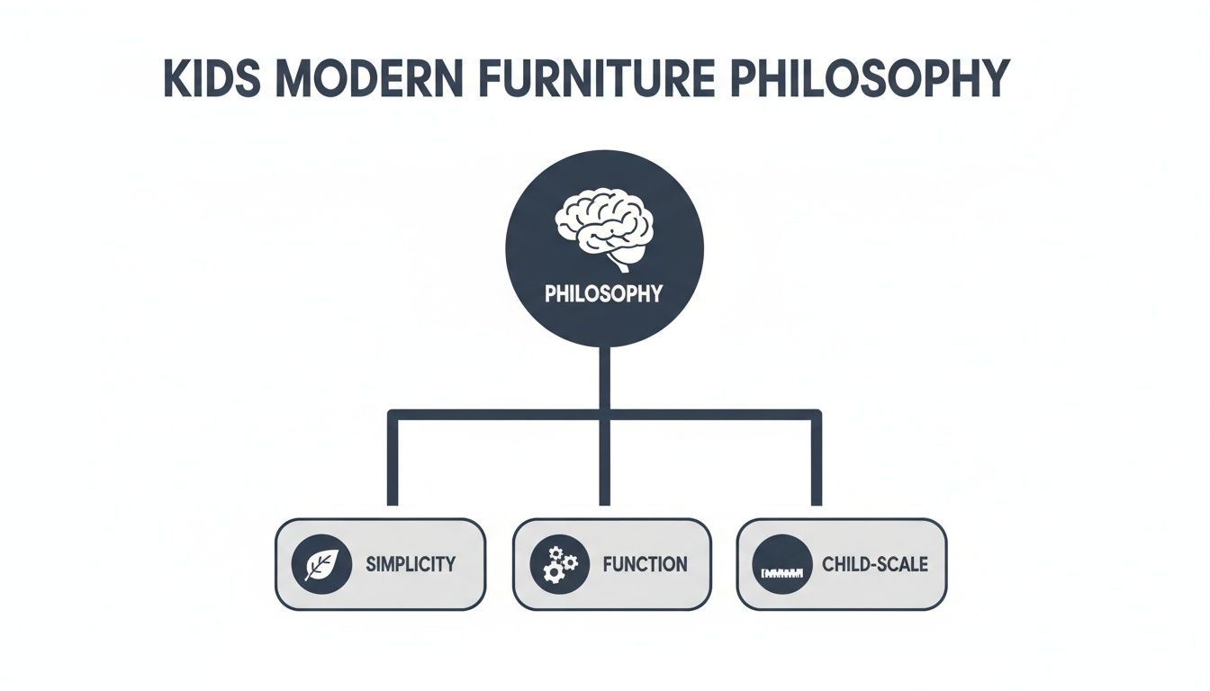 A diagram illustrating the Kids Modern Furniture Philosophy, branching into three core principles: simplicity, function, and child-scale.