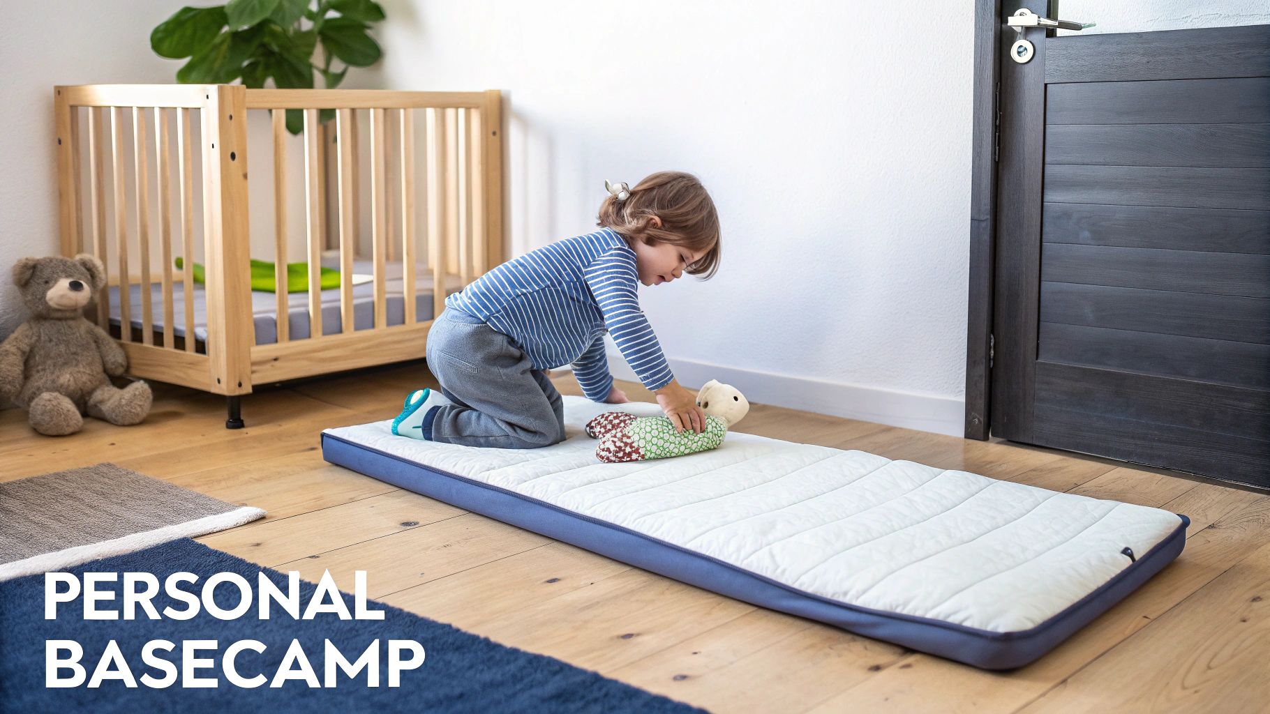 A young child plays with a stuffed turtle on a white quilted floor mattress next to a wooden crib.