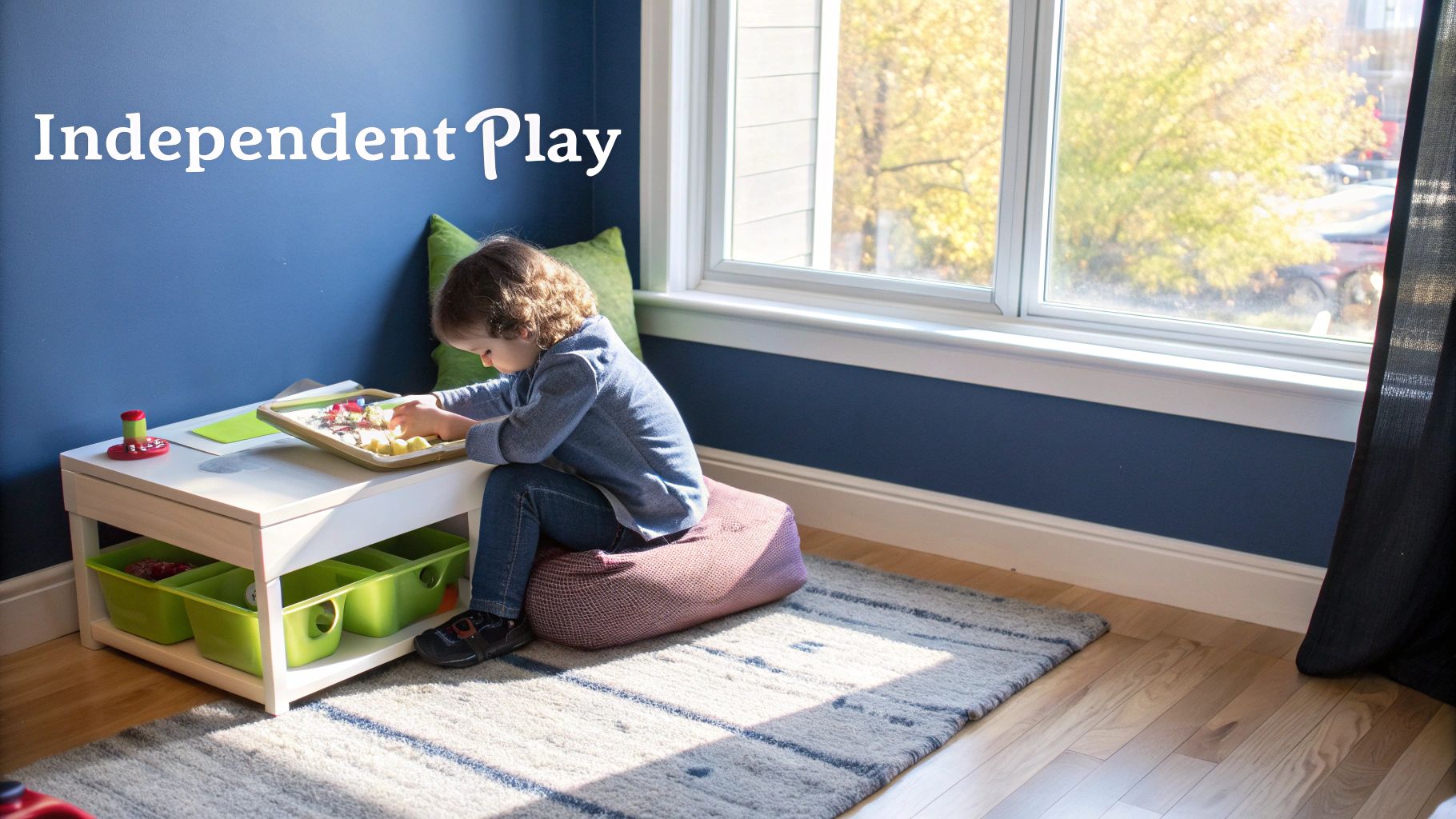 A child engages with materials on a well-organized Montessori play shelf placed in a sunny corner of a room.