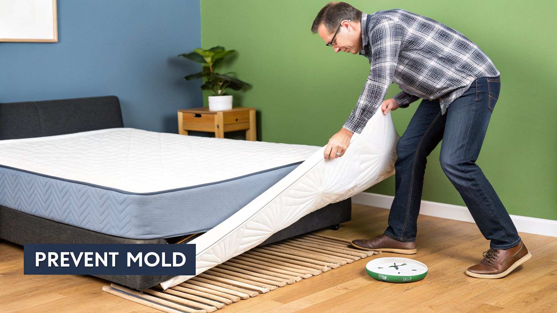 A mattress propped against the wall in a child's room to air out, with sunlight streaming in.