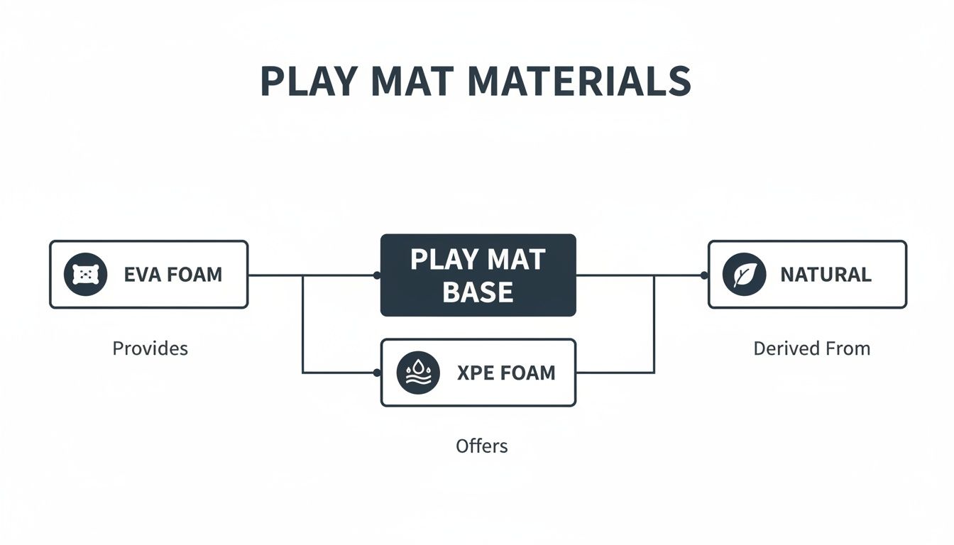 Diagram showing play mat materials: EVA foam, XPE foam, and natural components for the base.