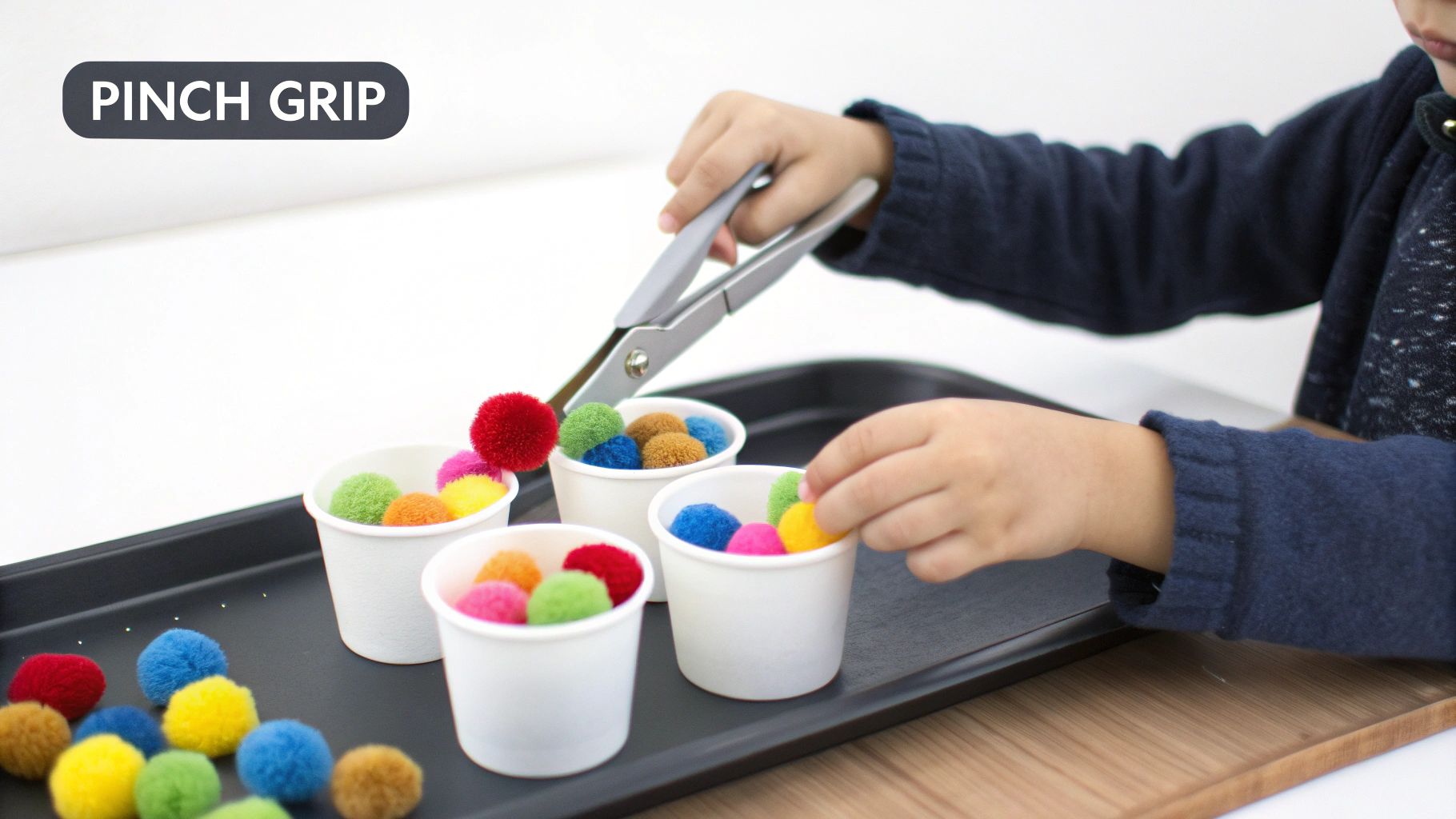 A child uses tongs to transfer colorful pom-poms into cups, practicing pinch grip and fine motor skills.