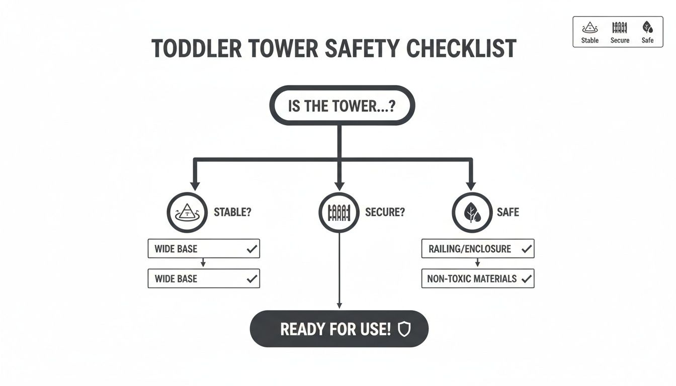 A toddler tower safety checklist flow chart outlining criteria for stable, secure, and safe towers.