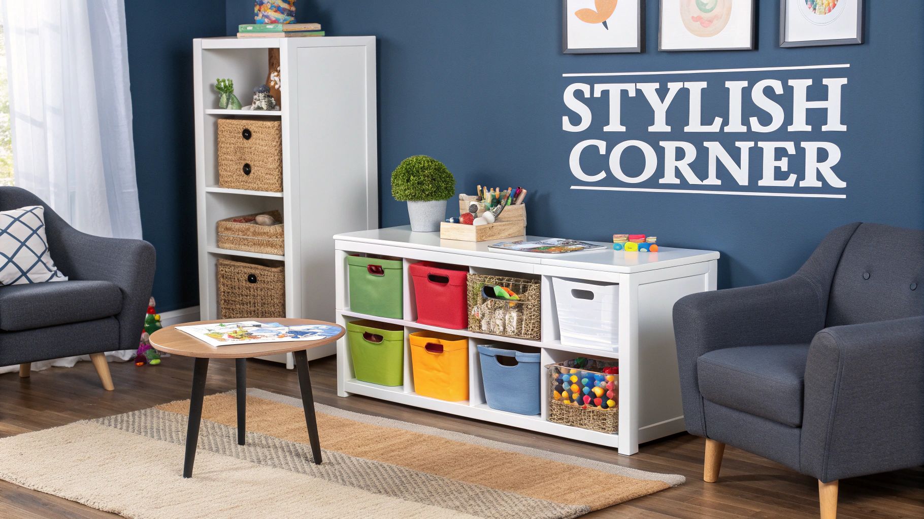A beautifully integrated craft corner in a living room, featuring a stylish wooden table and chairs that match the room's decor.