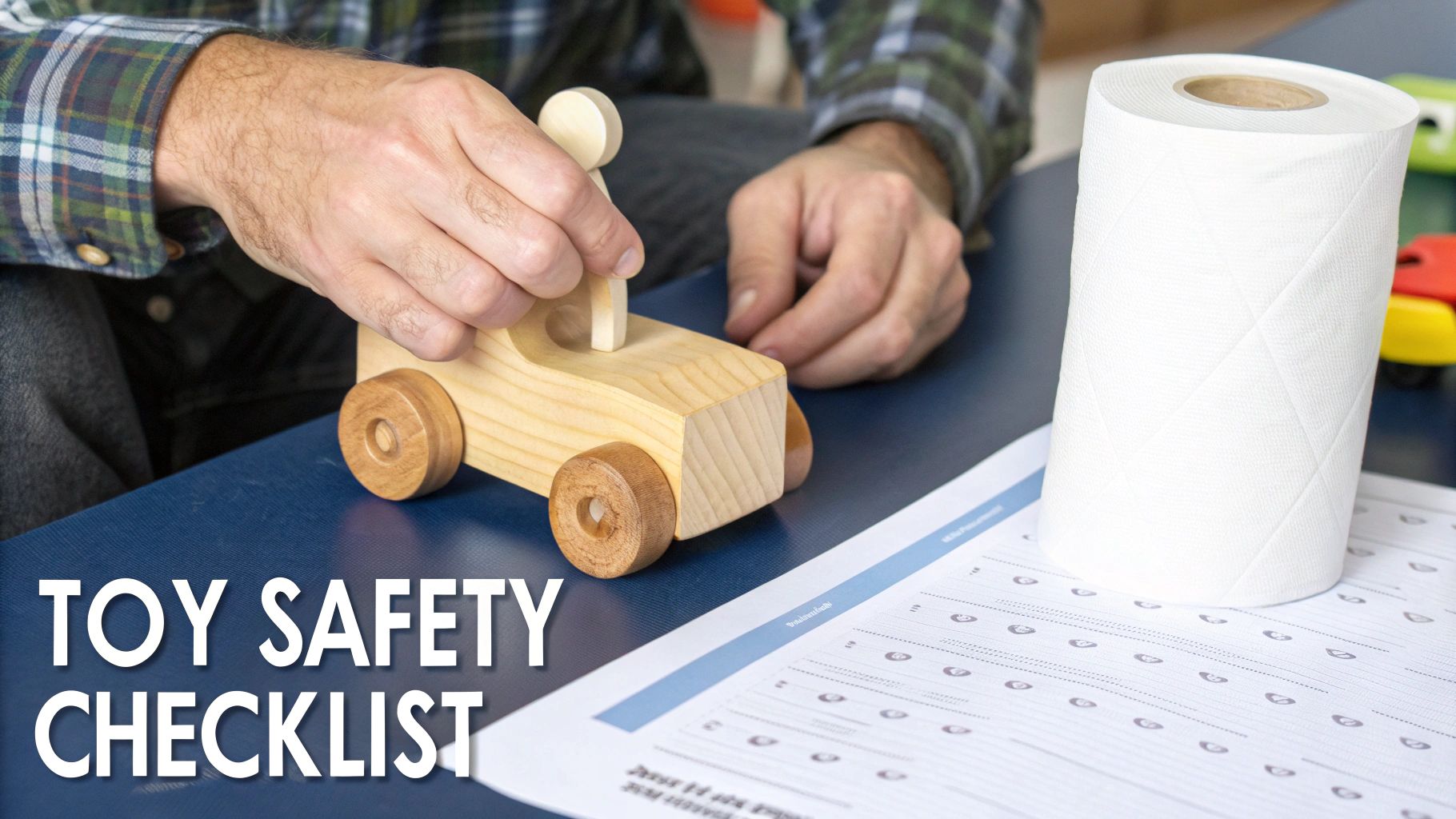 A toddler safely playing with wooden, non-toxic problem-solving toys in a bright and clean playroom.