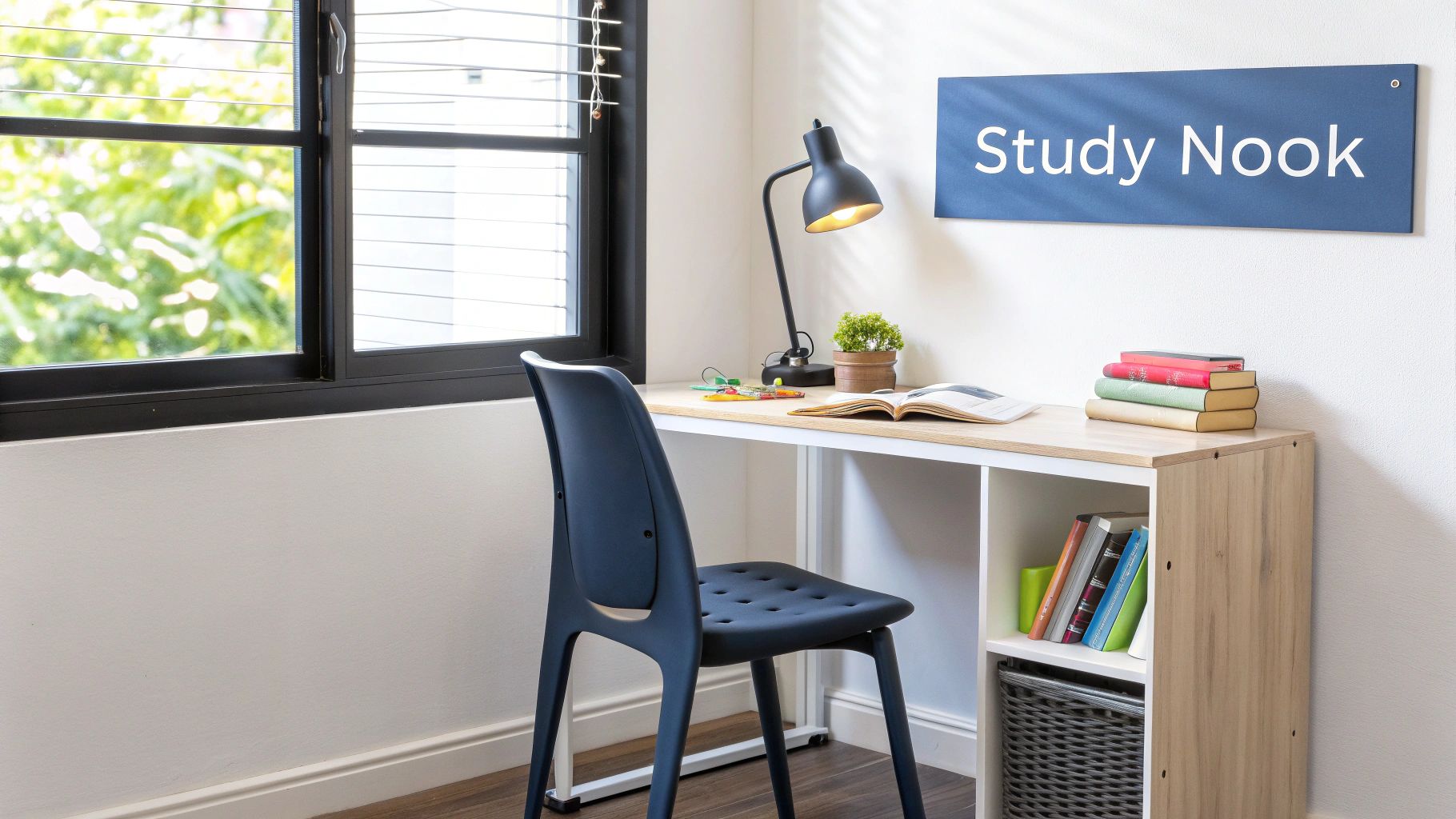 A child happily drawing at a modern wooden kids desk and chair set in a well-lit room