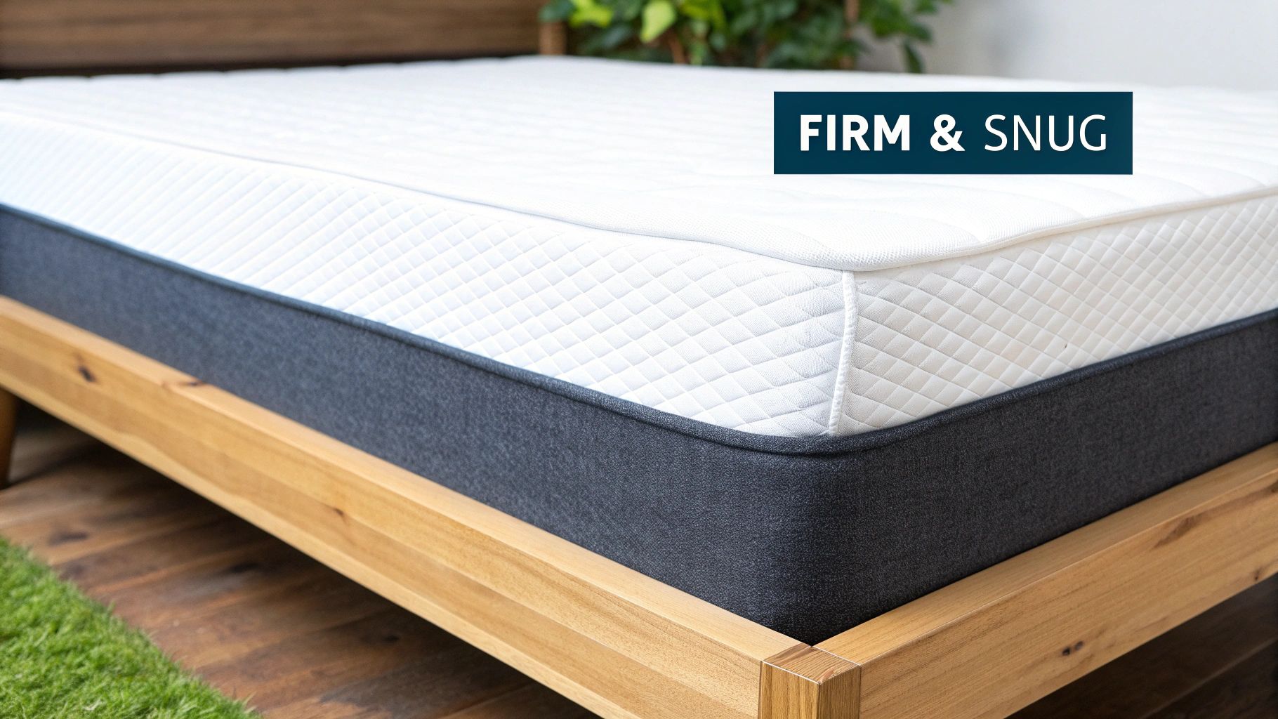 Close-up of a white quilted mattress with a dark grey base on a light wooden bed frame, labeled 'FIRM & SNUG'.