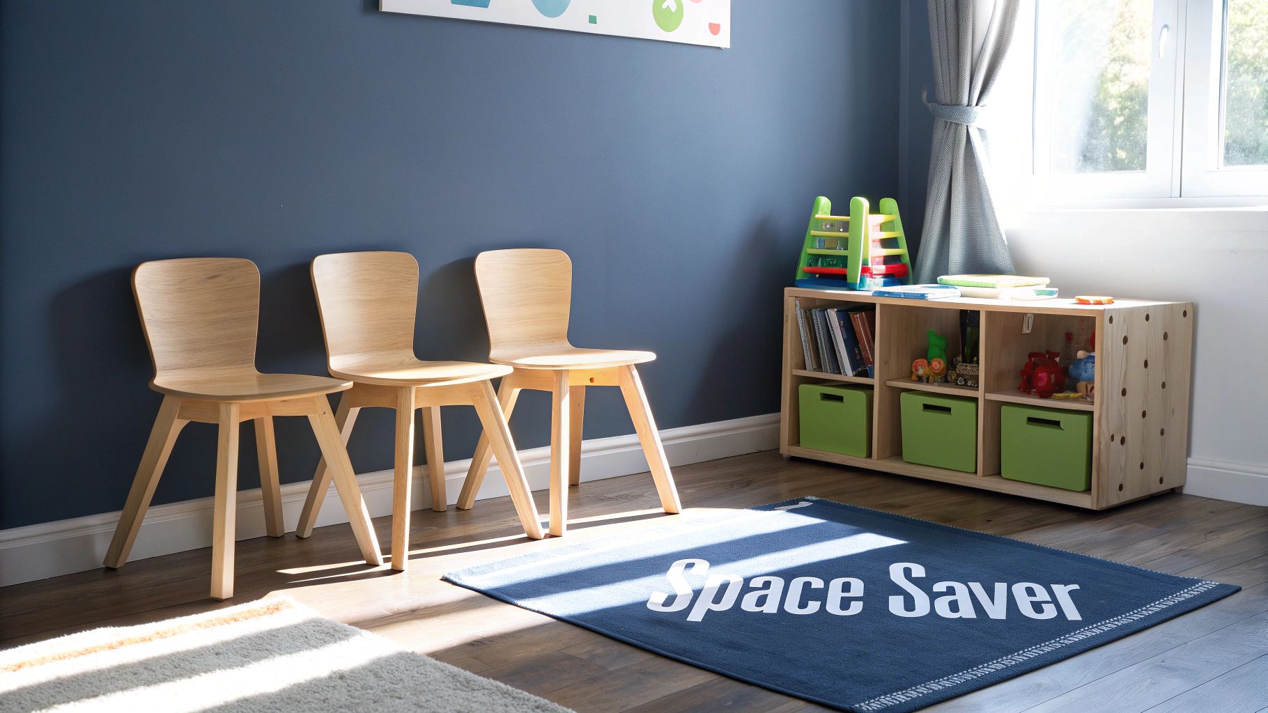 A child sitting at a small wooden table in a wooden stackable chair, drawing with crayons.